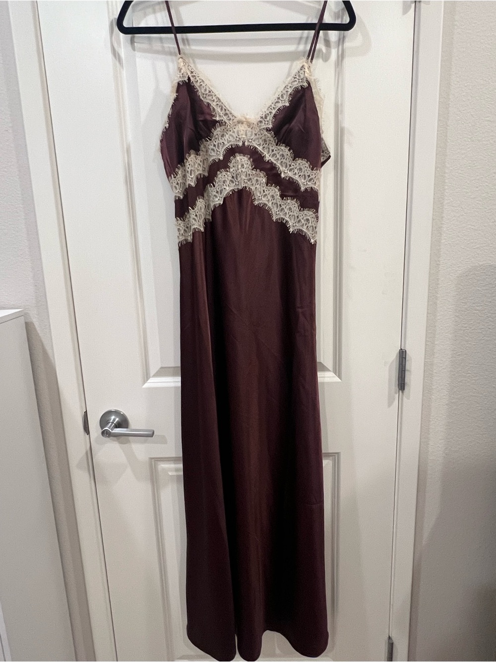 Sincerely Jules brownSlip Dress with Cream Lace Trim